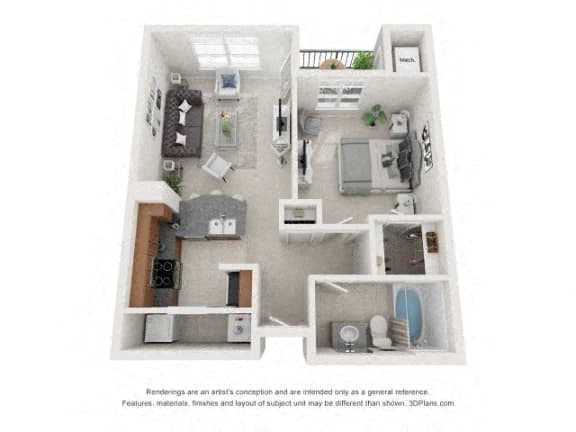 Floor plan for 1 bed, 1 bath, 598 sqft